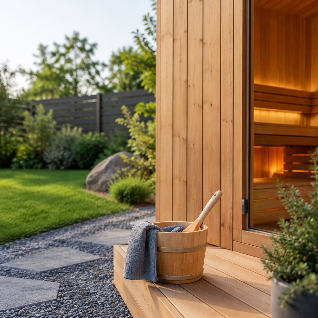 Sauna exterior integrada en un jardín para una zona de bienestar